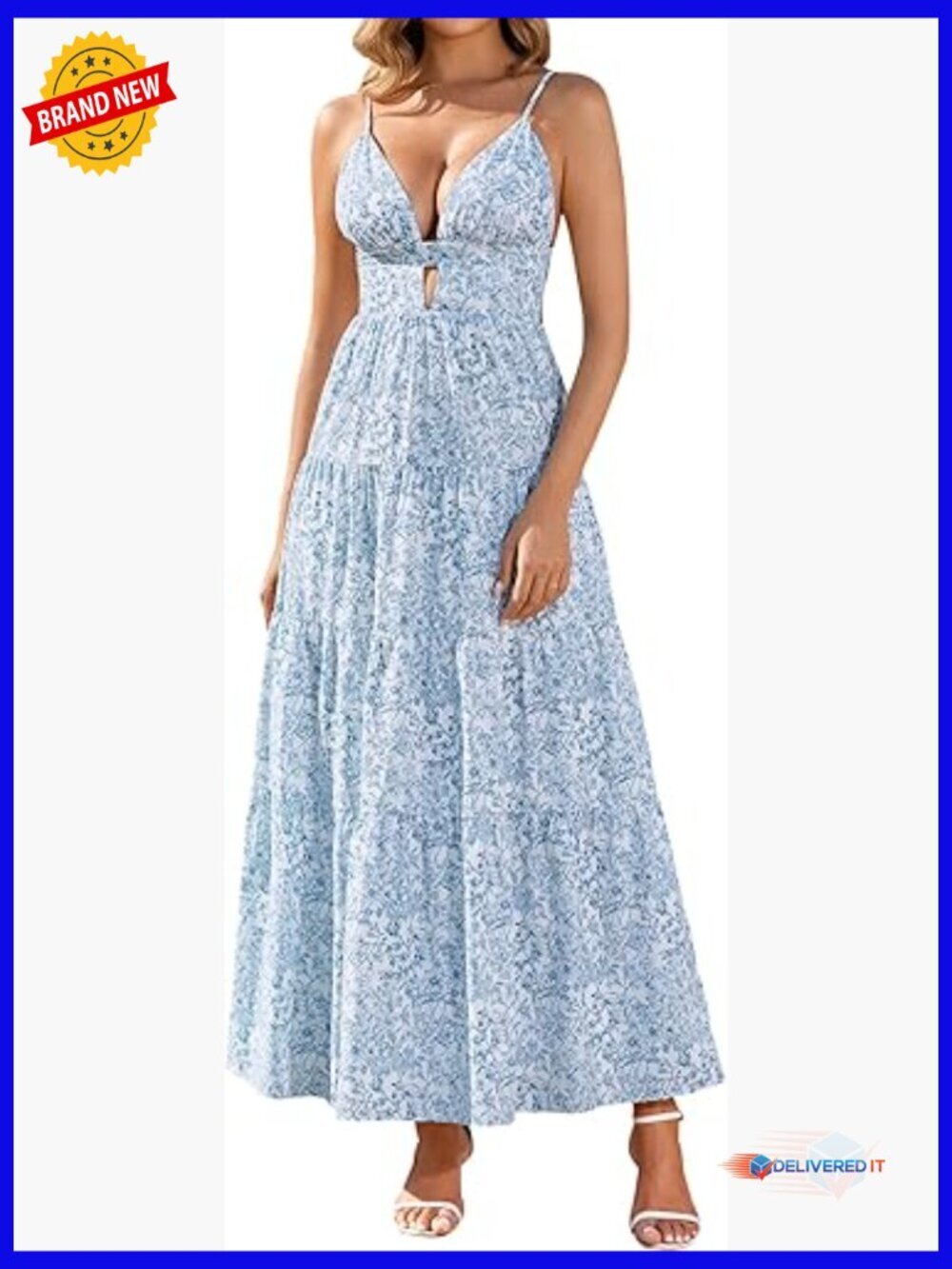 Maxi Dress with V-Neck Spaghetti Straps Flowy A-Line Summer Casual